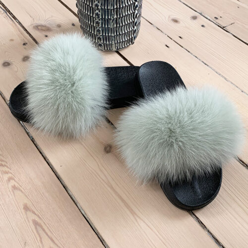 Pels slippers/sandaler med ægte fox fur til NU kun