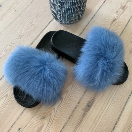 Pels slippers/sandaler med ægte fox fur til NU kun